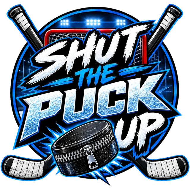 Shut the Puck Up – Youth Hockey Channel logo: crossed hockey sticks, a net and a zipped-up puck